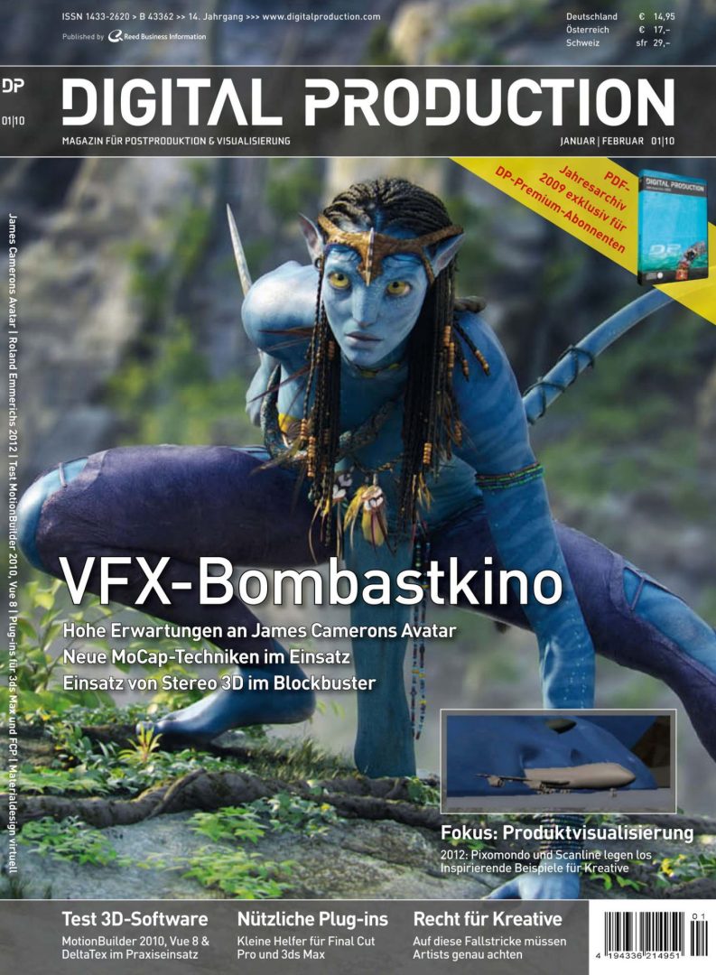 hefttitel digital production 01 2010 digital production Cover of Digital Production magazine featuring a character from James Cameron's Avatar, with text about VFX expectations and new techniques.