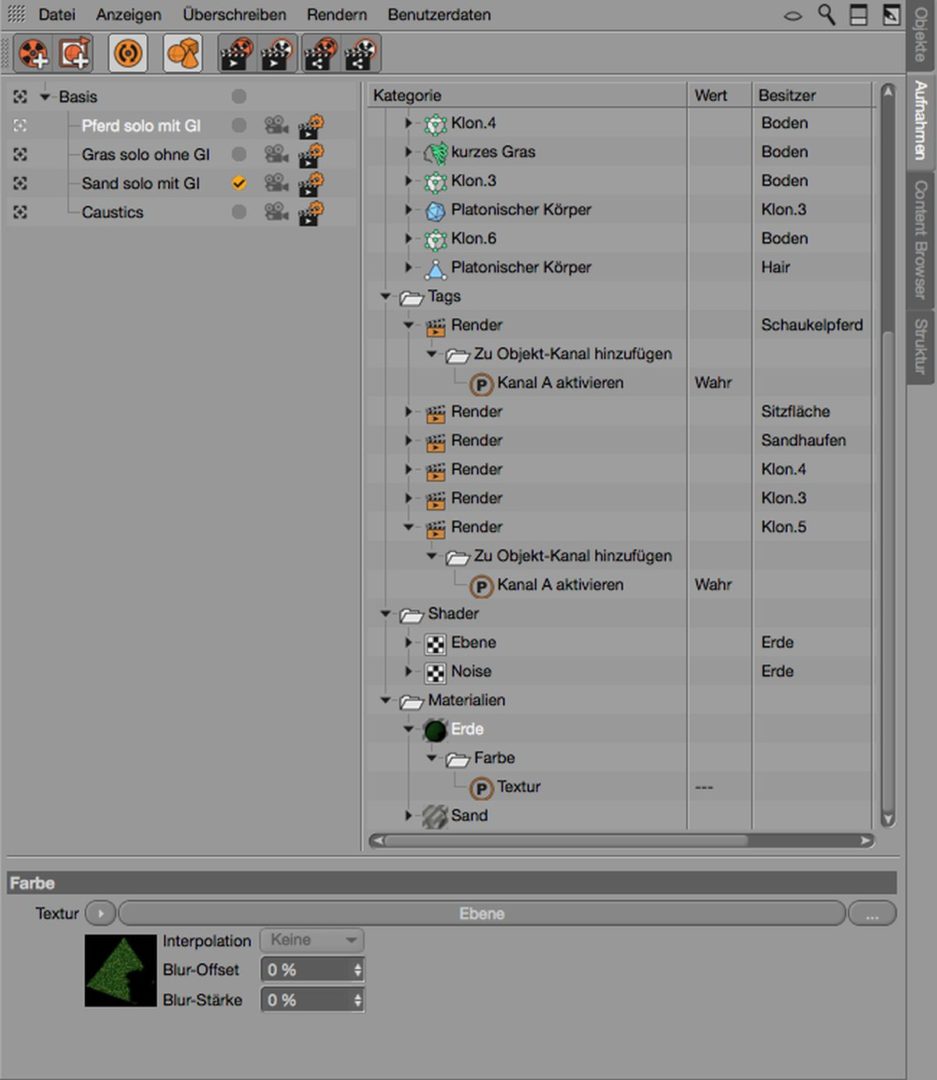bild3 digital production A user interface screenshot of a 3D rendering software, displaying a scene's object manager with various elements including tags, materials, and shaders. The layout illustrates categories and properties related to rendering settings.