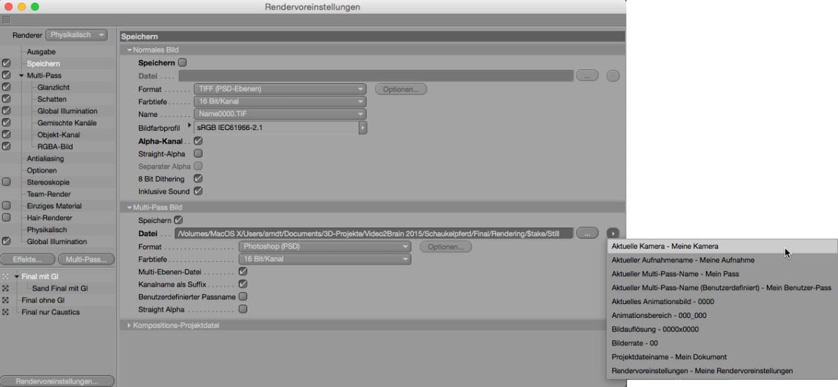 bild4 digital production Screenshot of the Cinema 4D render settings interface, showcasing options for saving images, multi-pass configurations, and rendering preferences.