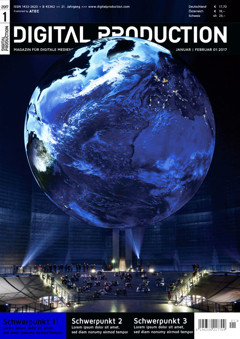 dp1701001001u1titelindd digital production Cover of the Digital Production magazine, featuring a large illuminated globe within a dark venue, with people gathered around a staircase.