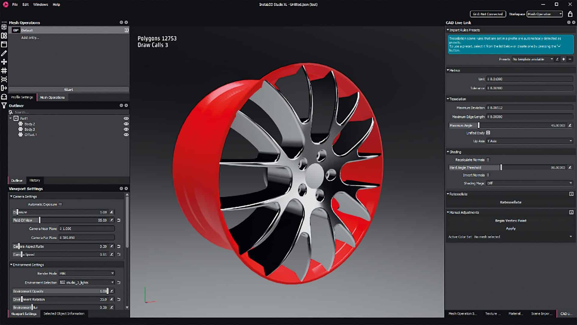3d model of a car rim with red and silver design digital production Screenshot von InstaLOD Studio, das eine 3D-Modellierung eines Autoreifens mit einer roten Felge zeigt, inklusive Benutzeroberfläche und Einstellungen für Mesh-Operationen.
