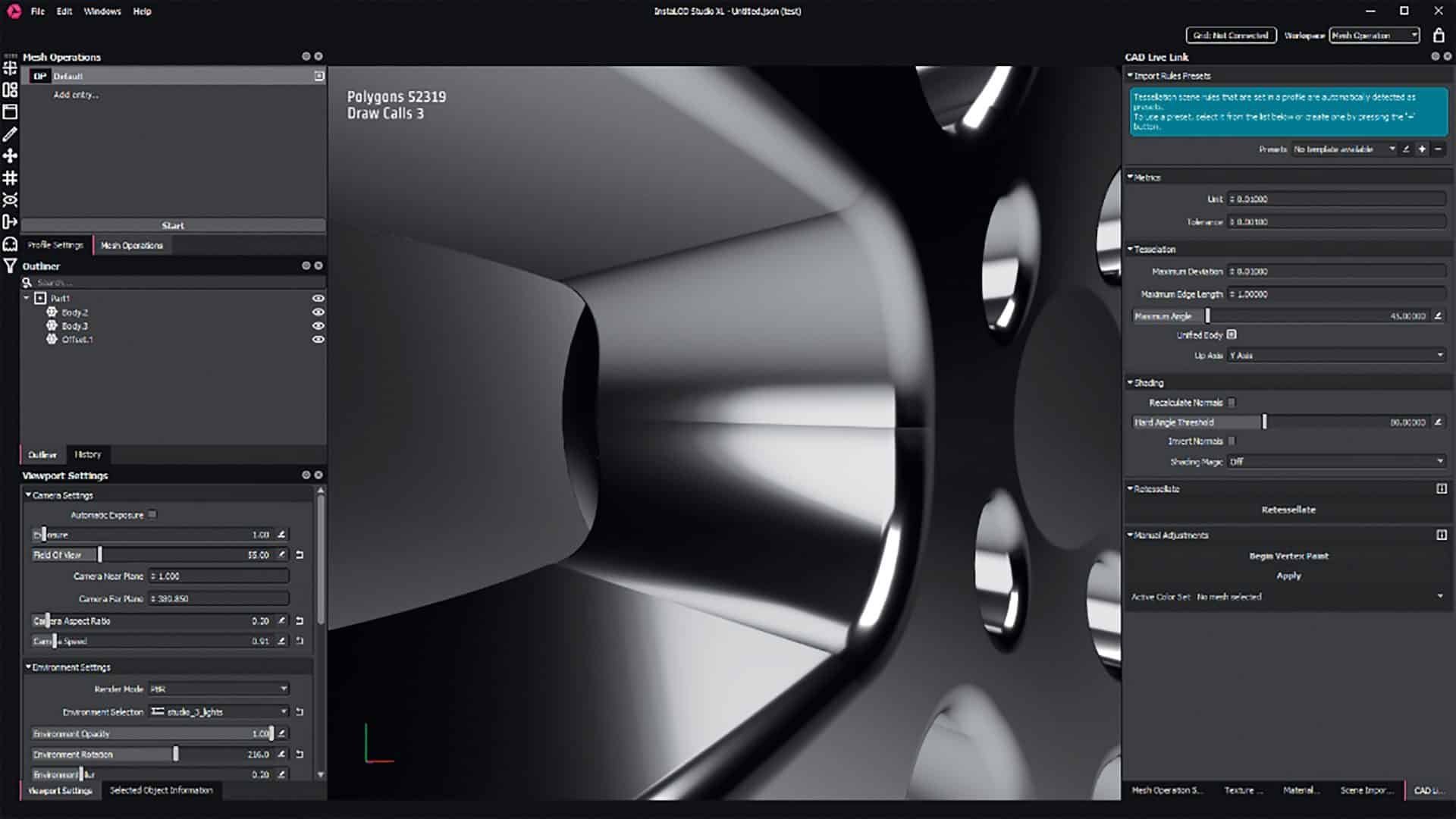 3d modeling software interface showing a hollow cylindrical structure digital production Screenshot der Benutzeroberfläche von InstaLOD Studio XL, die Mesh-Operations- und CAD-Import-Einstellungen anzeigt, einschließlich Polygone, Draw Calls und verschiedene Optionen zur Tessellierung und Shading.