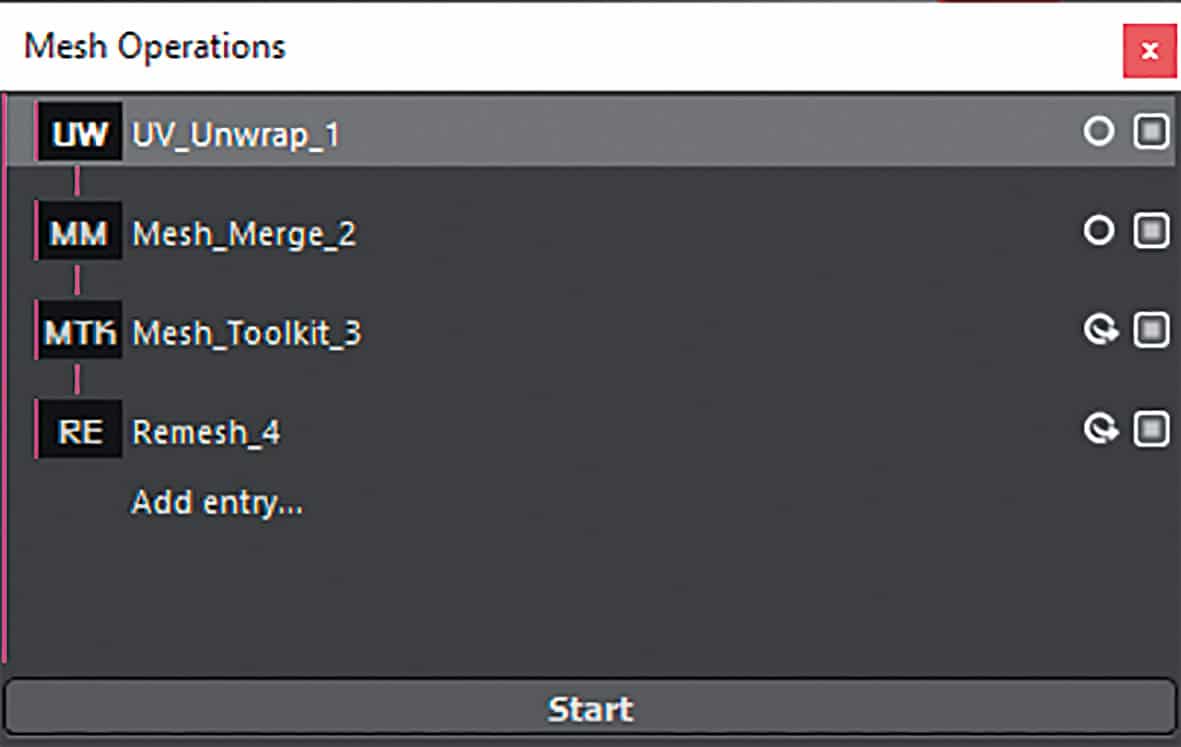 mesh operations window listing uvunwrap meshmerge and remesh entries digital production Screenshot der Benutzeroberfläche mit Mesh-Operationen in InstaLOD, zeigt UV-Unwrap, Mesh-Merge, Mesh-Toolkit und Remeshing-Optionen.