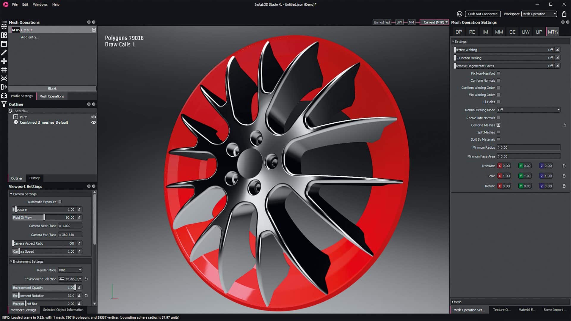3d car wheel model with a red background digital production Screenshot der Benutzeroberfläche von InstaLOD Studio XL zeigt eine 3D-Visualisierung einer Felge mit 79016 Polygonen. Auf der linken Seite sind die Menüleisten und Einstellungen für Mesh-Operationen sichtbar.
