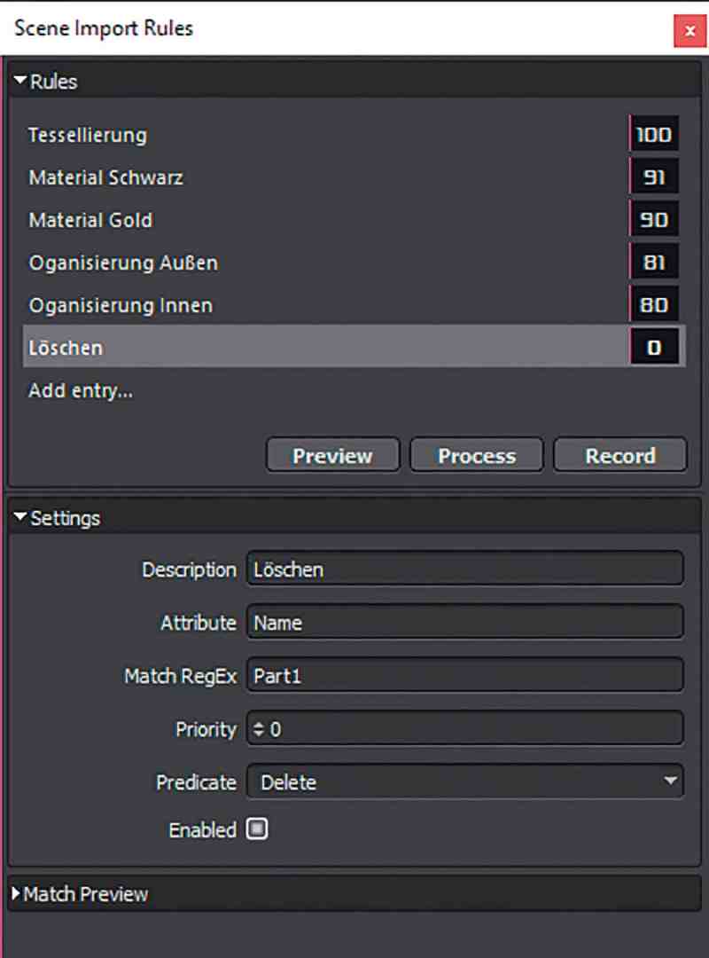 software interface showing scene import rules with settings and options digital production Screenshot der Scene Import Rules in InstaLOD mit einer Liste von Regeln zum Importieren von CAD-Daten, die verschiedene Einstellungen zur Optimierung anzeigen.