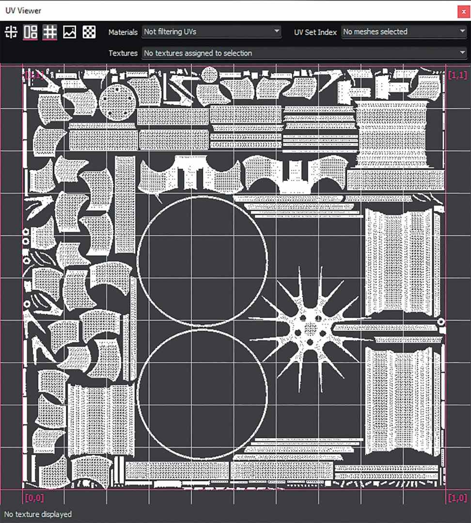 uv mapping layout showing various patterns and shapes on a grid digital production UV-Viewer, der die UV-Koordinaten eines 3D-Modells darstellt, mit verschiedenen UV-Segmenten auf einem Rasterhintergrund.