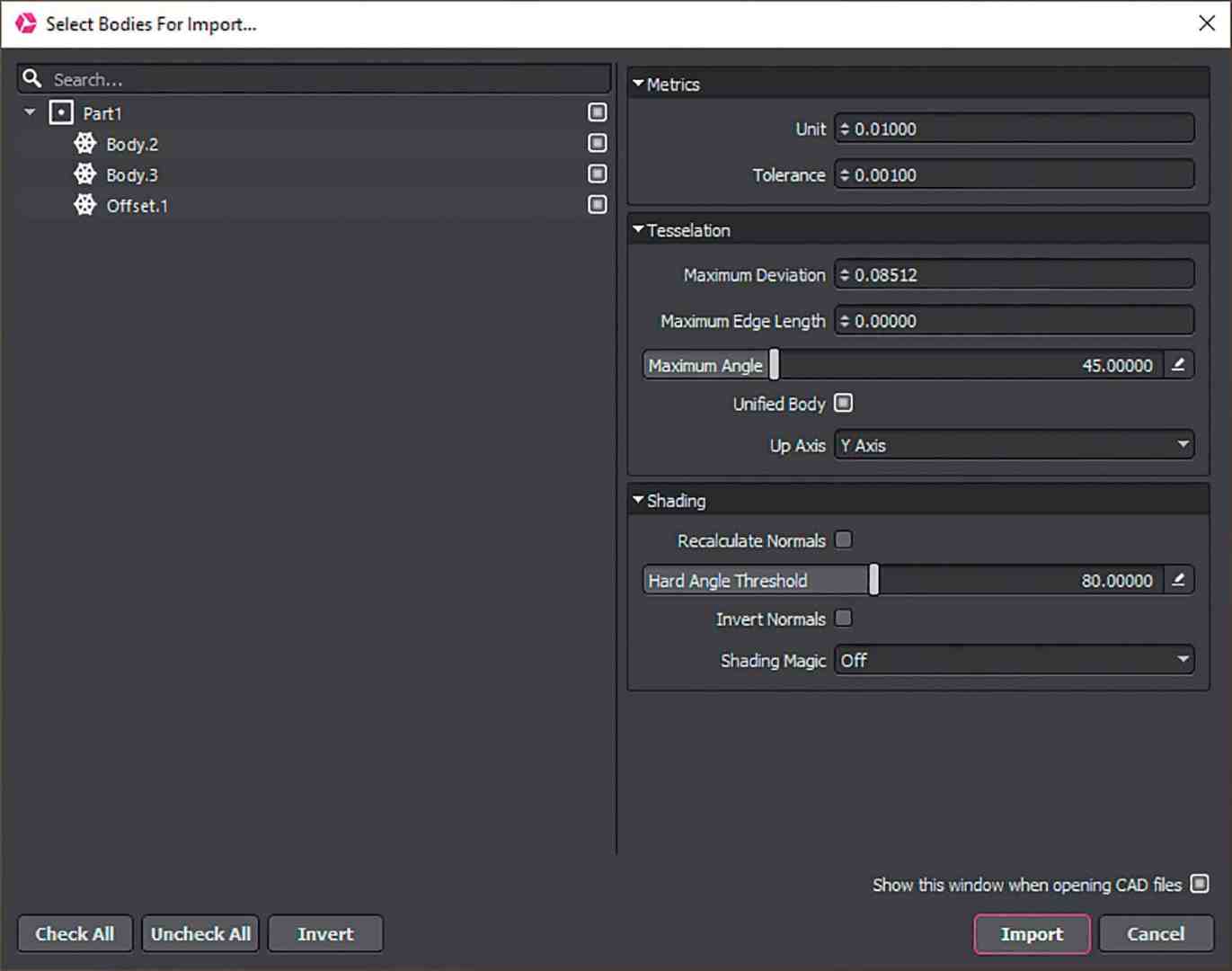 cad import settings interface displaying various options digital production Importfenster für CAD-Daten mit Auswahlmöglichkeiten für verschiedene Teile und Einstellungen zu Tessellation und Schattierung.