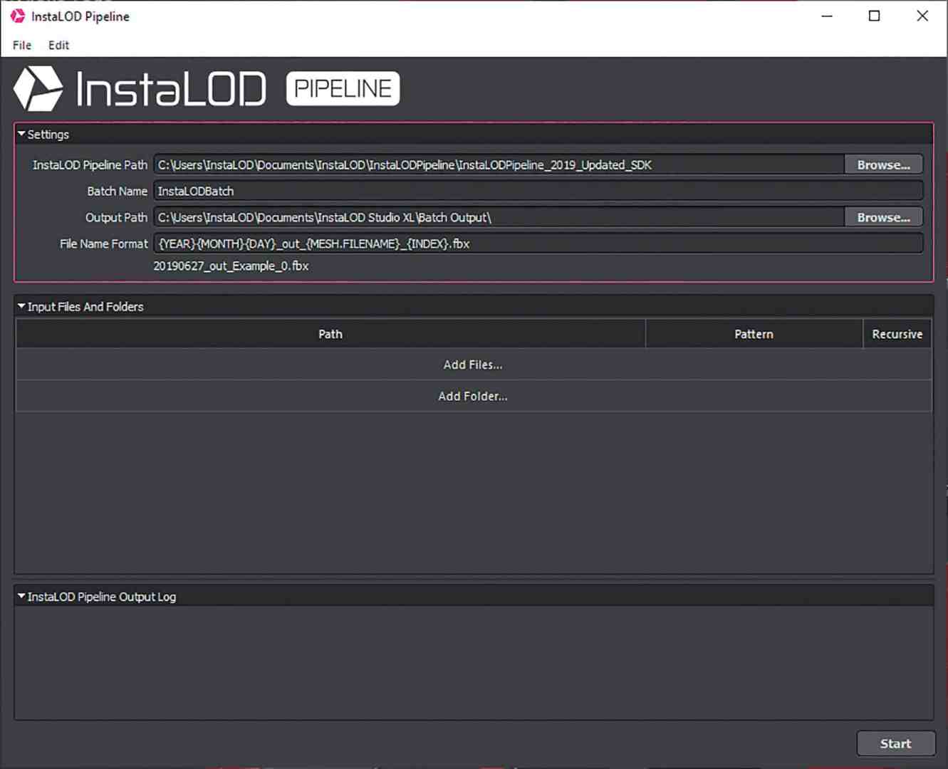 instalod pipeline software interface with file input settings digital production Screenshot der InstaLOD Pipeline, die Einstellungen und Optionen für die Batch-Verarbeitung von CAD-Daten zeigt.