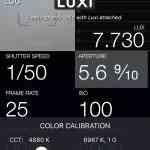 mobile app displaying light meter readings and camera settings digital production Screenshot der Luxi App auf einem Smartphone, zeigt Belichtungsdaten wie CCT, Lux, Blende, Verschlusszeit und ISO.