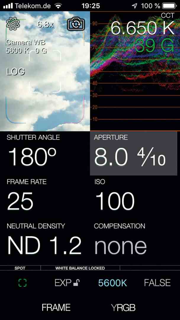 settings display of a camera app showing shutter angle aperture iso and temperature digital production Screenshot einer Belichtungsmesser-App auf einem Smartphone, die Informationen zu Verschlusswinkel, Blende, Bildrate, ISO, Neutraldichte und Weißabgleich anzeigt.