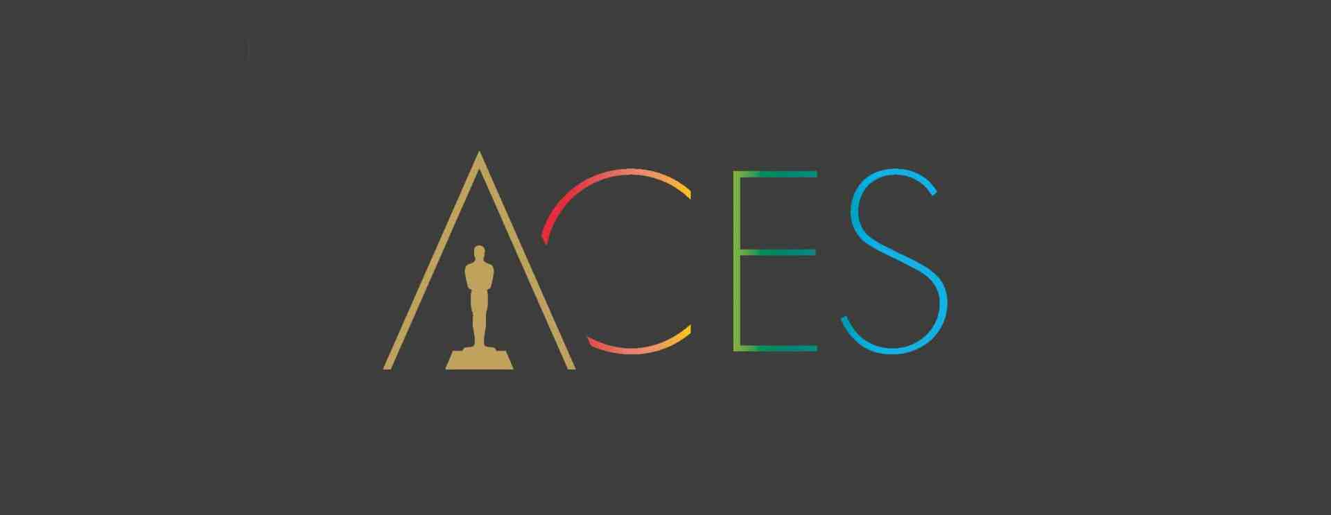 logo for aces featuring a stylized golden oscar statue and colorful letters spelling aces on a dark background digital production Logo for ACES featuring a stylized golden Oscar statue and colorful letters spelling "ACES" on a dark background.