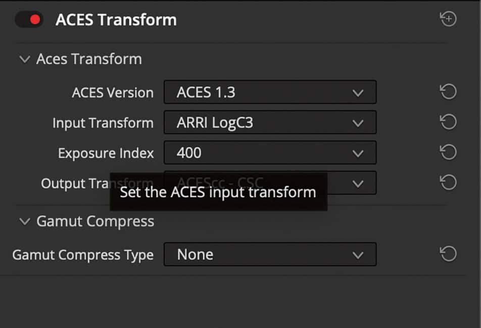 settings window displaying aces transform options including aces version input transform exposure index and output transform settings the gamut compress section is also visible with options for compression type digital production Settings window displaying ACES Transform options including ACES version, Input Transform, Exposure Index, and Output Transform settings. The Gamut Compress section is also visible with options for compression type.
