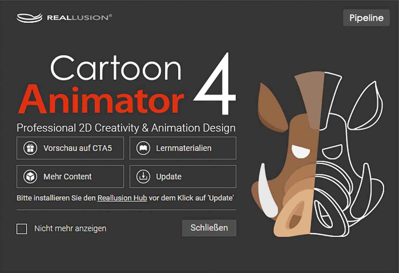 the interface of cartoon animator 4 displayed on a dark background featuring the title in bold red with white text the design includes buttons for accessing content previews learning materials updates and a pig character illustration on the right digital production The interface of Cartoon Animator 4 displayed on a dark background, featuring the title in bold red with white text. The design includes buttons for accessing content previews, learning materials, updates, and a pig character illustration on the right.