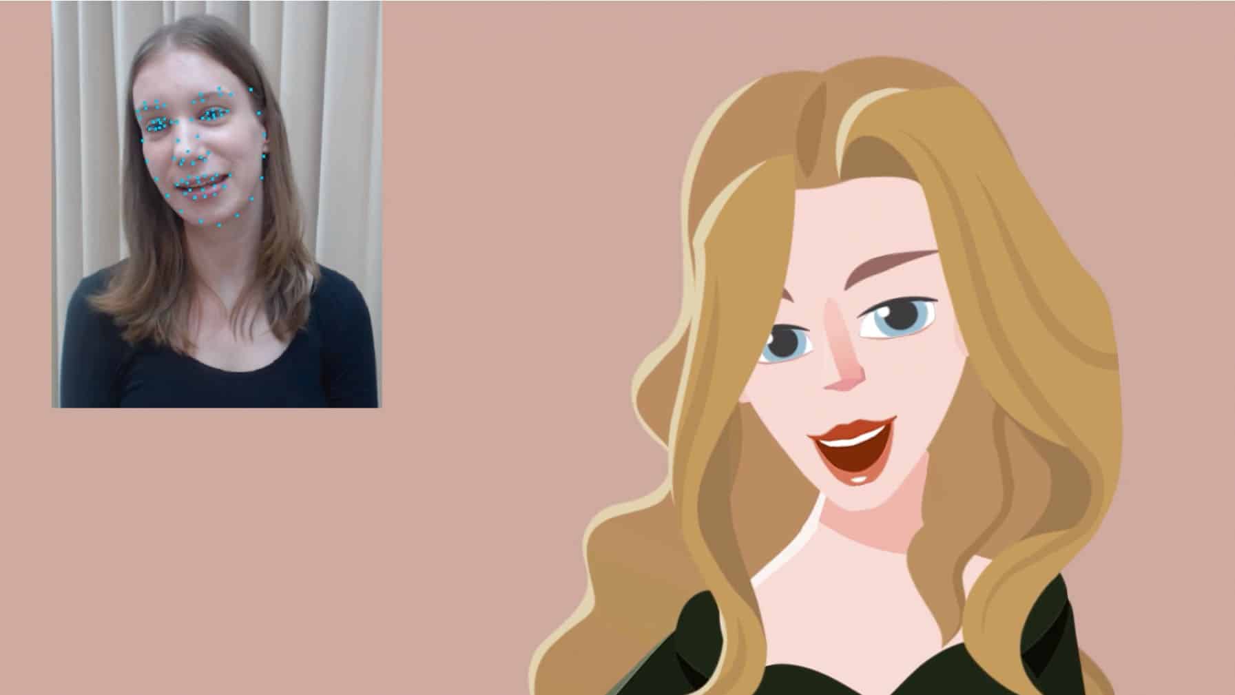 a woman with long brown hair and blue makeup smiles in a black top positioned next to an illustrated character with long blonde hair wearing a black outfit and red lipstick against a soft peach background digital production A woman with long brown hair and blue makeup smiles in a black top, positioned next to an illustrated character with long blonde hair, wearing a black outfit and red lipstick, against a soft peach background.