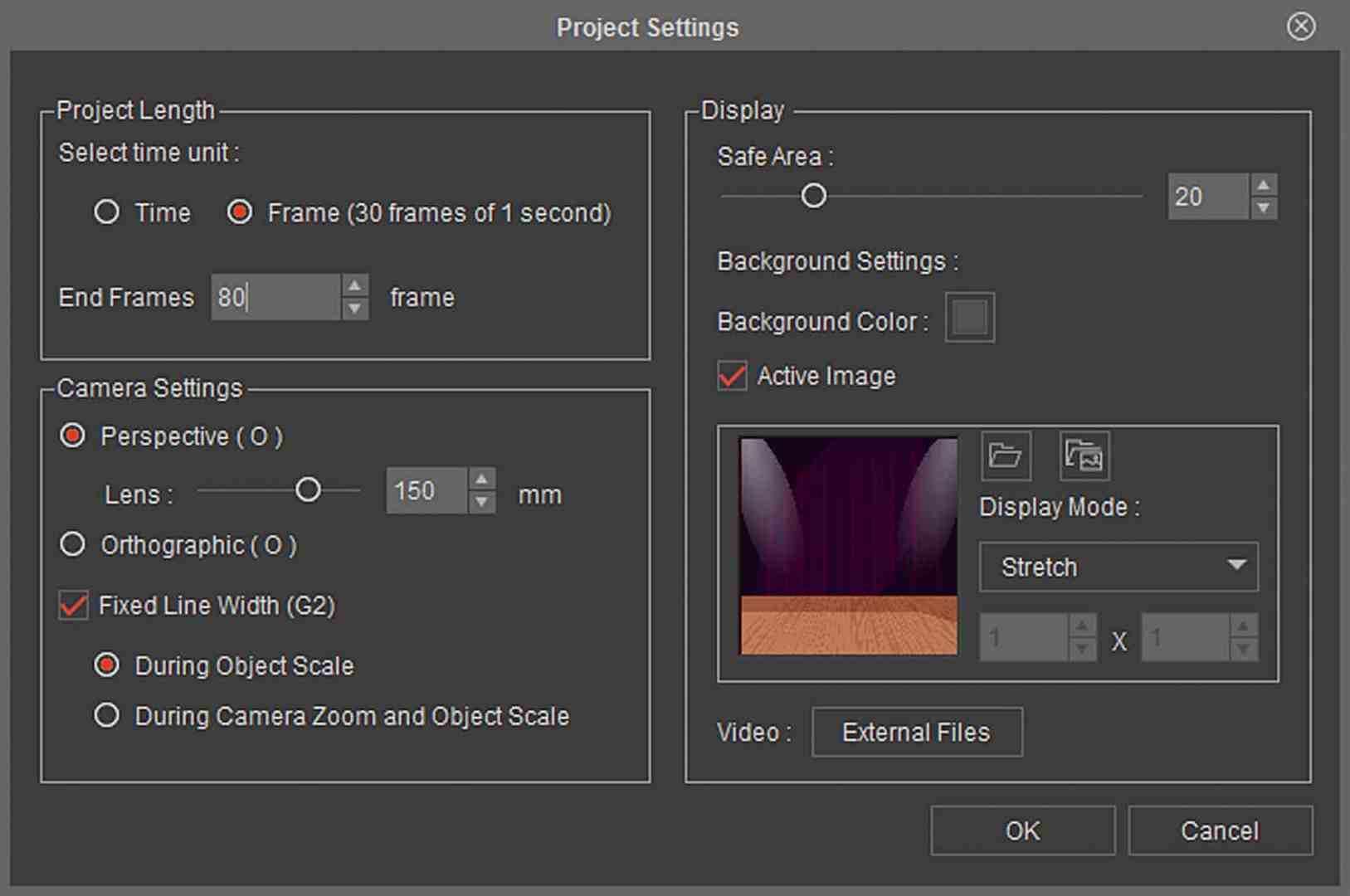a screenshot of a project settings window displaying various configuration options sections include project length camera settings and display settings with options for perspective lens type and background color digital production A screenshot of a project settings window displaying various configuration options. Sections include Project Length, Camera Settings, and Display settings, with options for perspective, lens type, and background color.