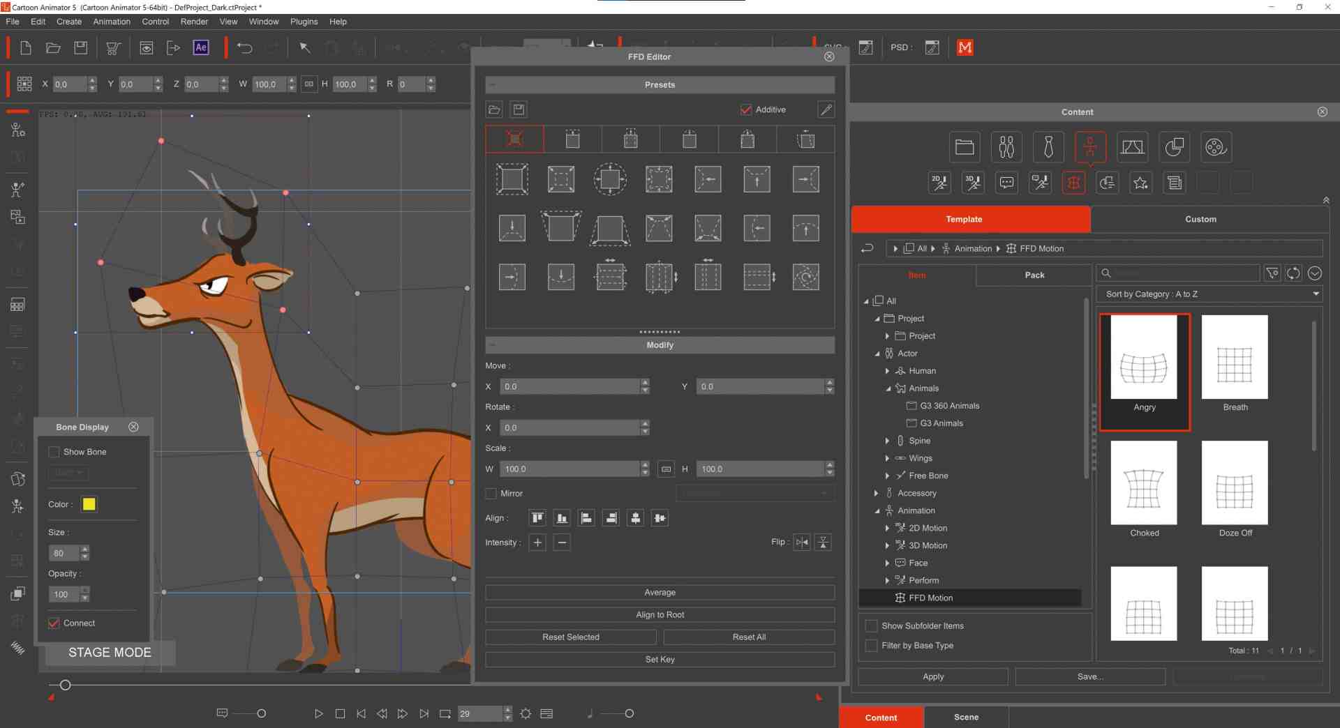 an animated deer character shown in a design software interface featuring various tools and templates for animation the deer with an expressive face and antlers occupies the left side of the screen while panels and options are visible on the right digital production An animated deer character shown in a design software interface, featuring various tools and templates for animation. The deer, with an expressive face and antlers, occupies the left side of the screen, while panels and options are visible on the right.