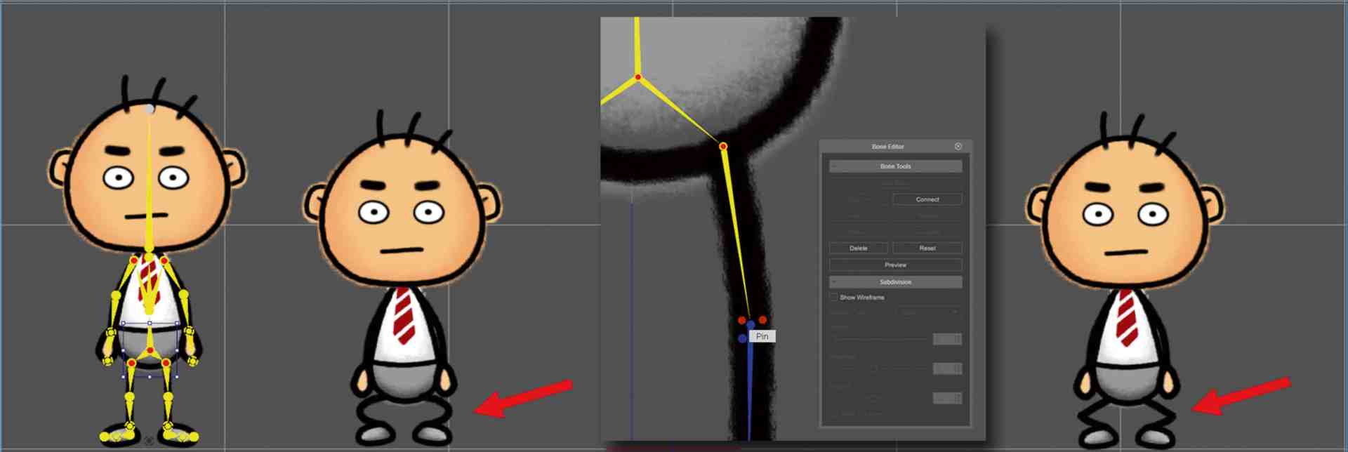 a digital illustration featuring a cartoon character with a round face black hair a white shirt and a red tie the character stands next to a detailed view of the characters joint structure and settings on the right side highlighted with red arrows digital production A digital illustration featuring a cartoon character with a round face, black hair, a white shirt, and a red tie. The character stands next to a detailed view of the character's joint structure and settings on the right side, highlighted with red arrows.