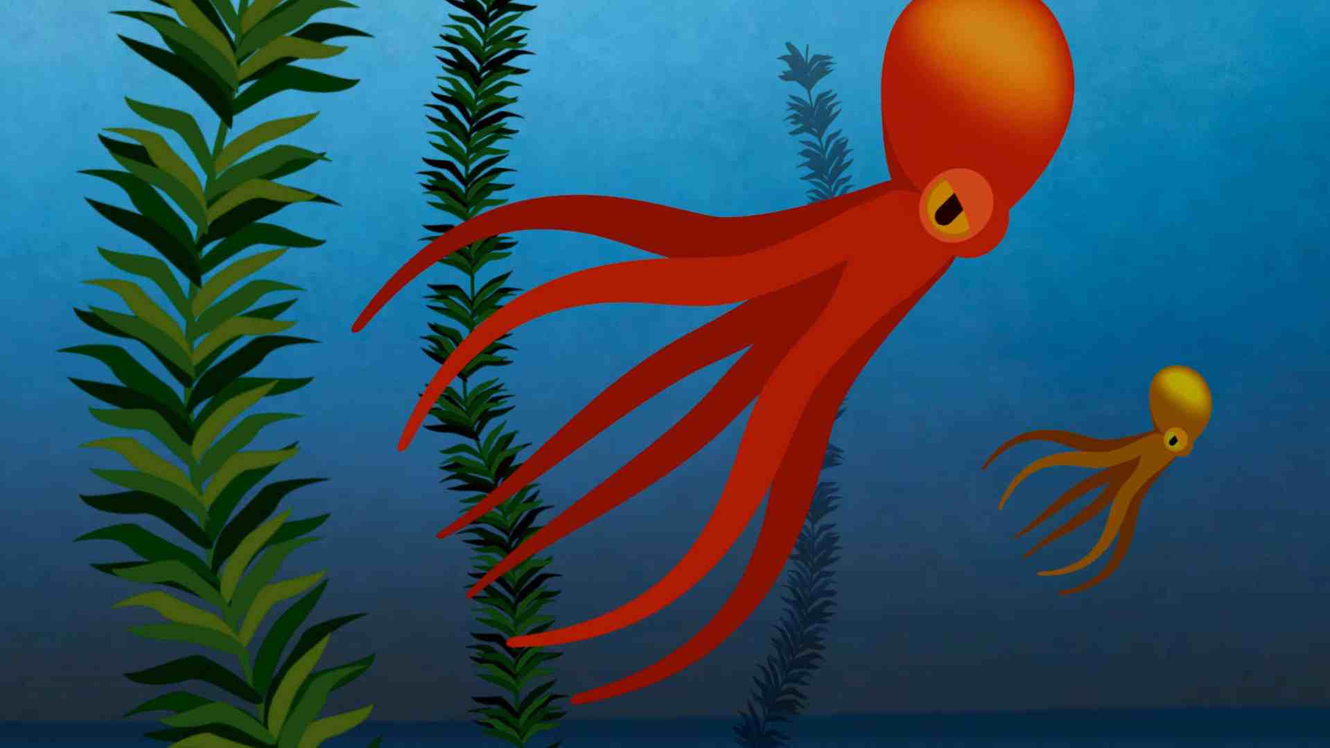 an illustration of two colorful octopuses swimming among tall seaweed in a blue underwater environment the larger octopus is vibrant red with flowing tentacles while a smaller yellow octopus swims nearby digital production An illustration of two colorful octopuses swimming among tall seaweed in a blue underwater environment. The larger octopus is vibrant red with flowing tentacles, while a smaller yellow octopus swims nearby.