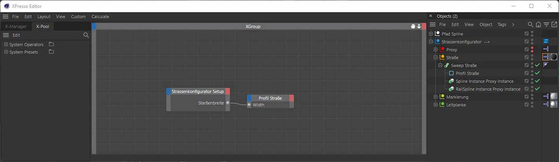 user interface showing flowchart elements in a design tool digital production Screenshot des XPresso Editors in Cinema 4D mit einer Ansicht der Knoten für die Straßenkonfiguration und deren Einstellungen.