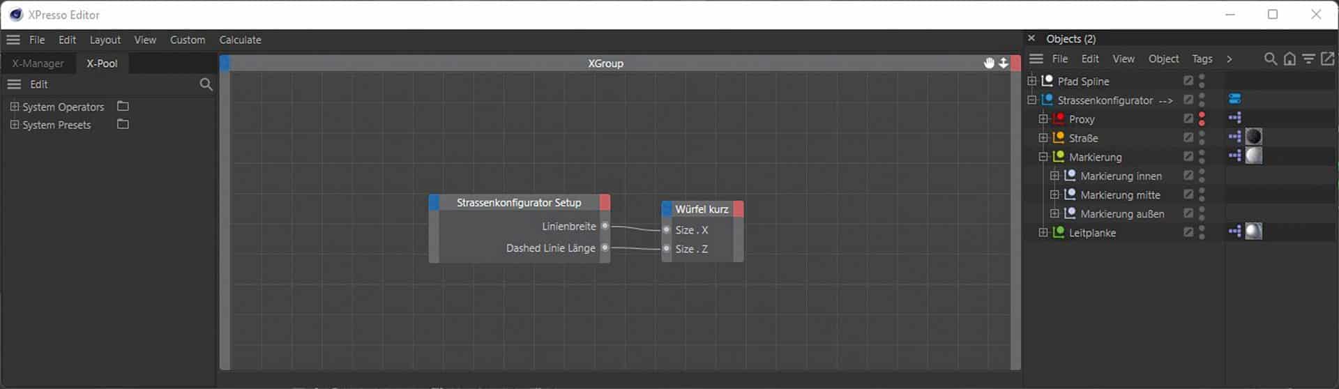 user interface for a visual programming tool with blocks and connections digital production XPresso Editor interface showcasing node setup for a road configurator, including parameters for line width and dashed line length.