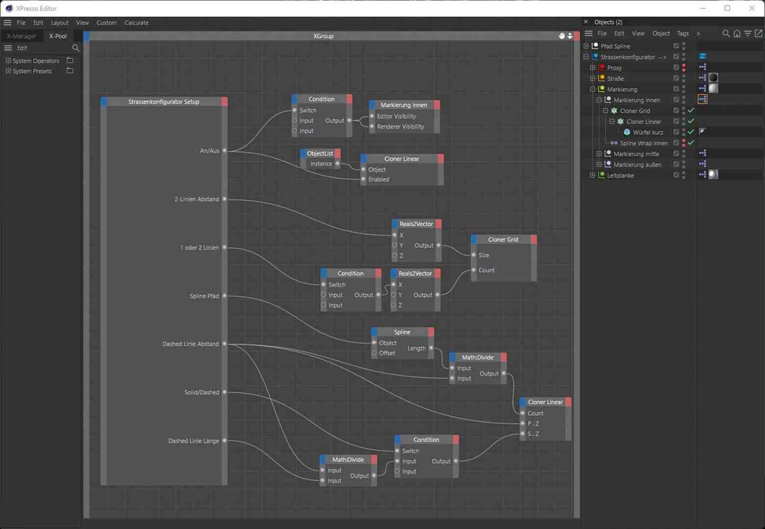 flowchart showing nodes and connections in a software interface digital production XPresso Editor Interface showing a setup for a road configuration in Cinema 4D, including nodes for conditions, object lists, and cloners.
