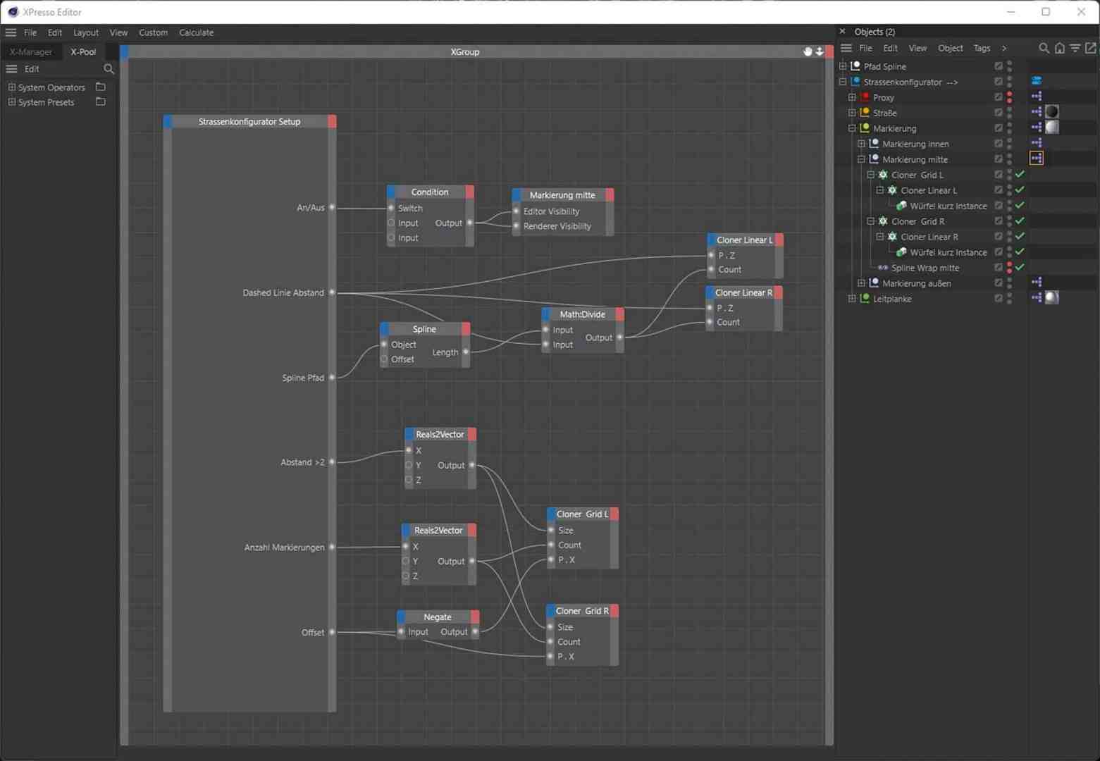flowchart diagram showing nodes and connections for a setup in software digital production XPresso Editor Screenshot showing the setup for a road configurator, with nodes for conditions, spline, math operations, and clones for marking.