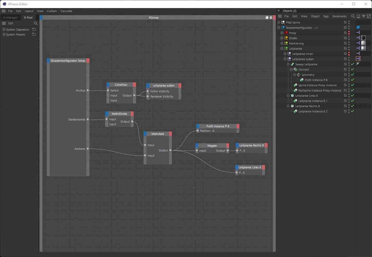 software interface with flowchart components and connections digital production Diagramm des XPresso-Editors in Cinema 4D, das ein Straßenkonfigurator-Setup zeigt, inklusive Nodes für Bedingungen, mathematische Berechnungen und Sichtbarkeit von Objekten.