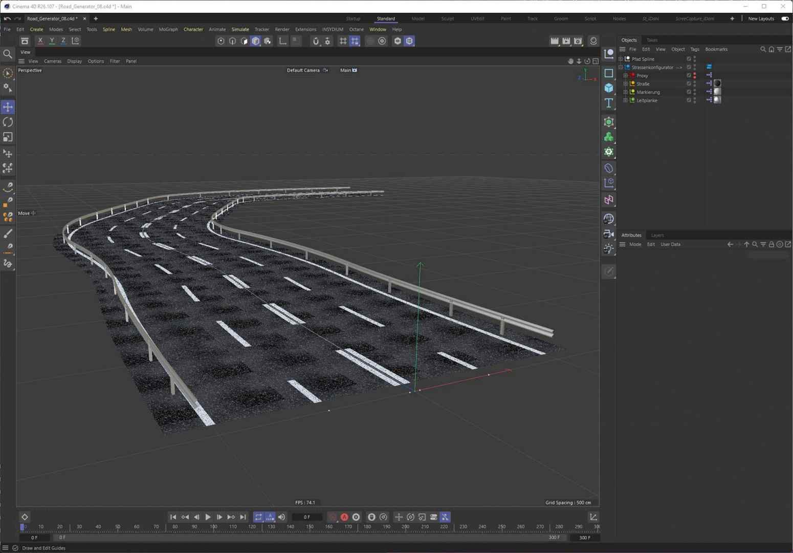 curved road 3d model with guardrails digital production Eine computergenerierte Straße mit Markierungen und einer Kurve, sichtbar in einem 3D-Modellierungsprogramm.