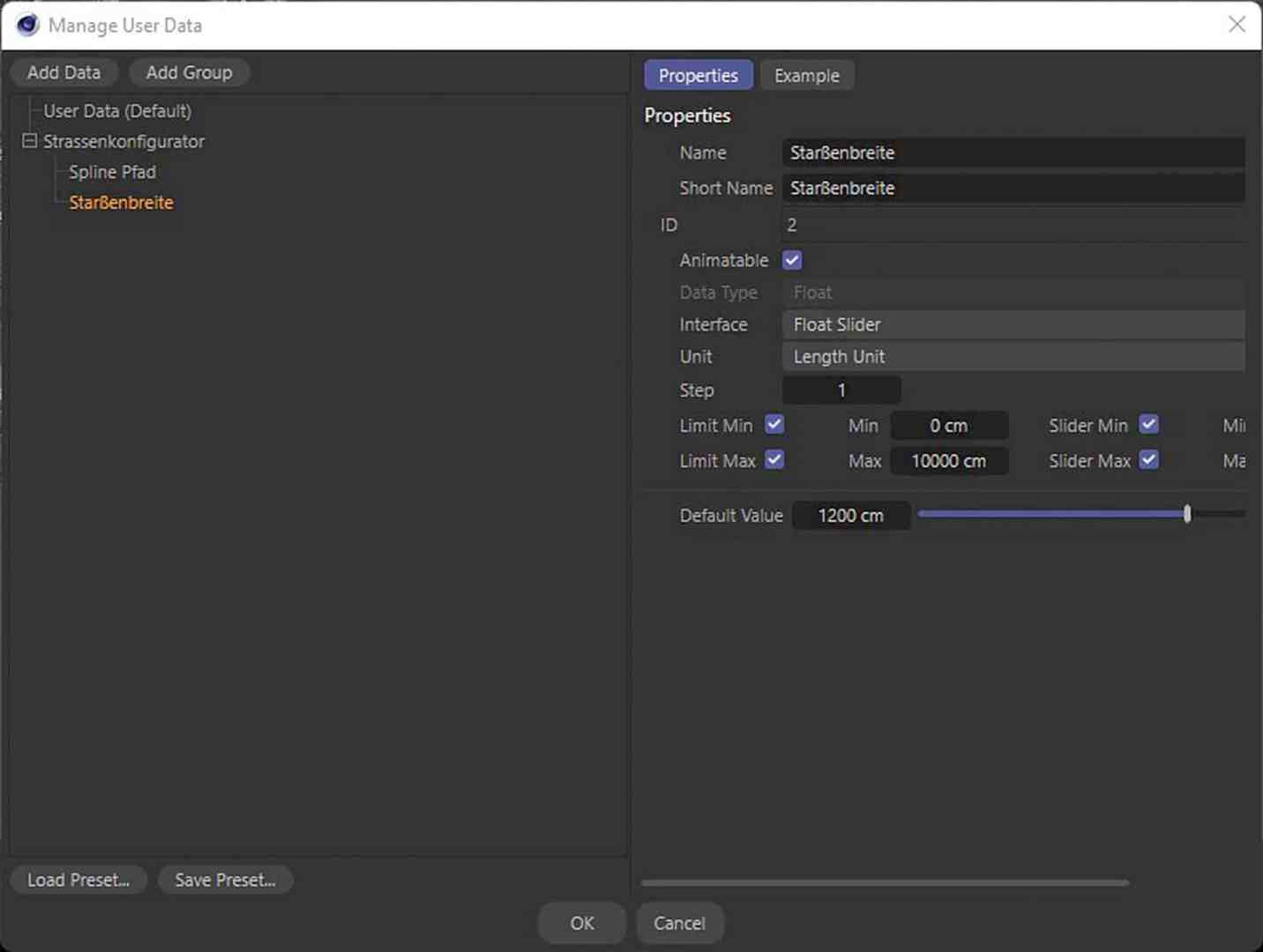 user data management interface showing properties like name and type digital production Screenshot der Benutzeroberfläche zur Verwaltung von Benutzerdaten in einem Straßenkonfigurator, mit einem Eingabefeld für die Straßenbreite und entsprechenden Eigenschaften.