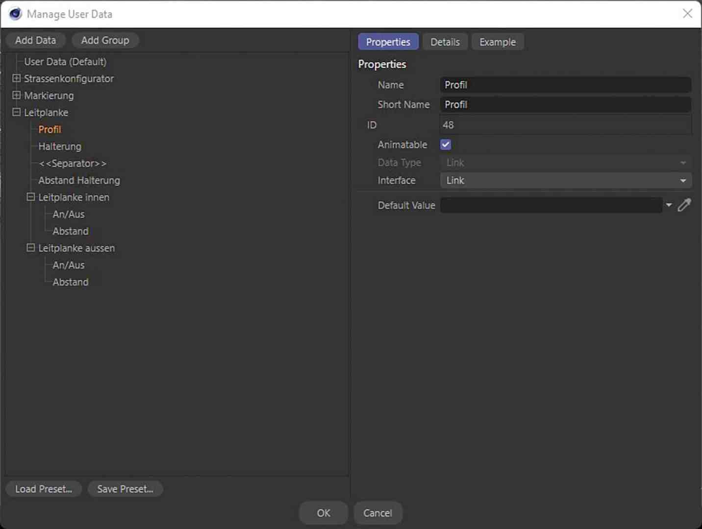 user data management interface displaying properties for a profile entry digital production Screenshot der Benutzeroberfläche für die Verwaltung von Benutzerdaten in Cinema 4D, zeigt die Hierarchie und Eigenschaften für ein Straßenkonfigurator-Objekt.