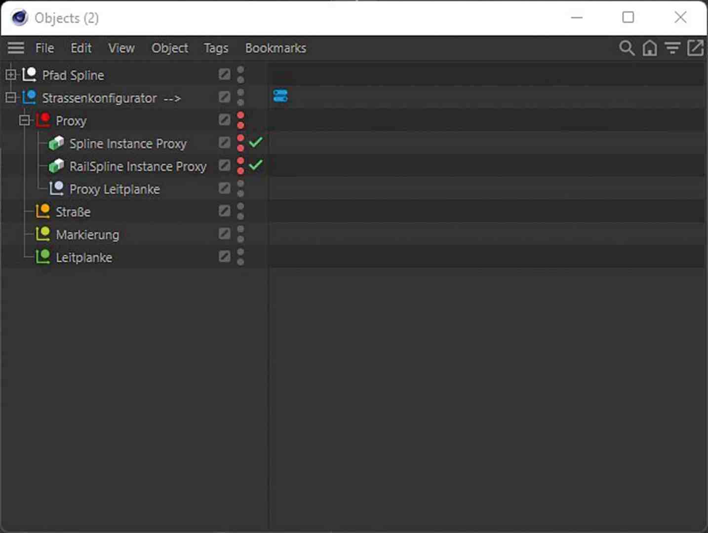 computer interface with object management panel digital production Screenshot der Objekt-Hierarchie in Cinema 4D, zeigt Strassenkonfigurator mit Proxy, Spline-Instanzen und Leitplanken-Objekten.