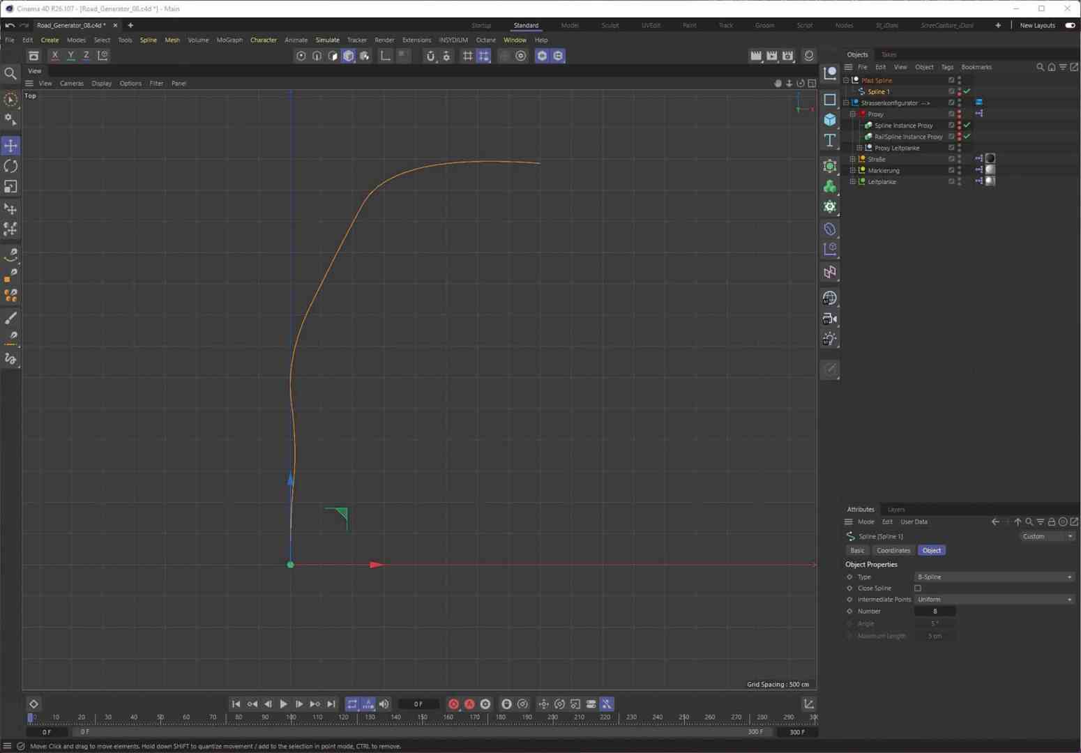 3d modeling workspace showing a curve digital production Grafische Darstellung eines Spline-Pfades in Cinema 4D, inklusive Benutzeroberfläche für die Bearbeitung von Objekten und deren Attribute.