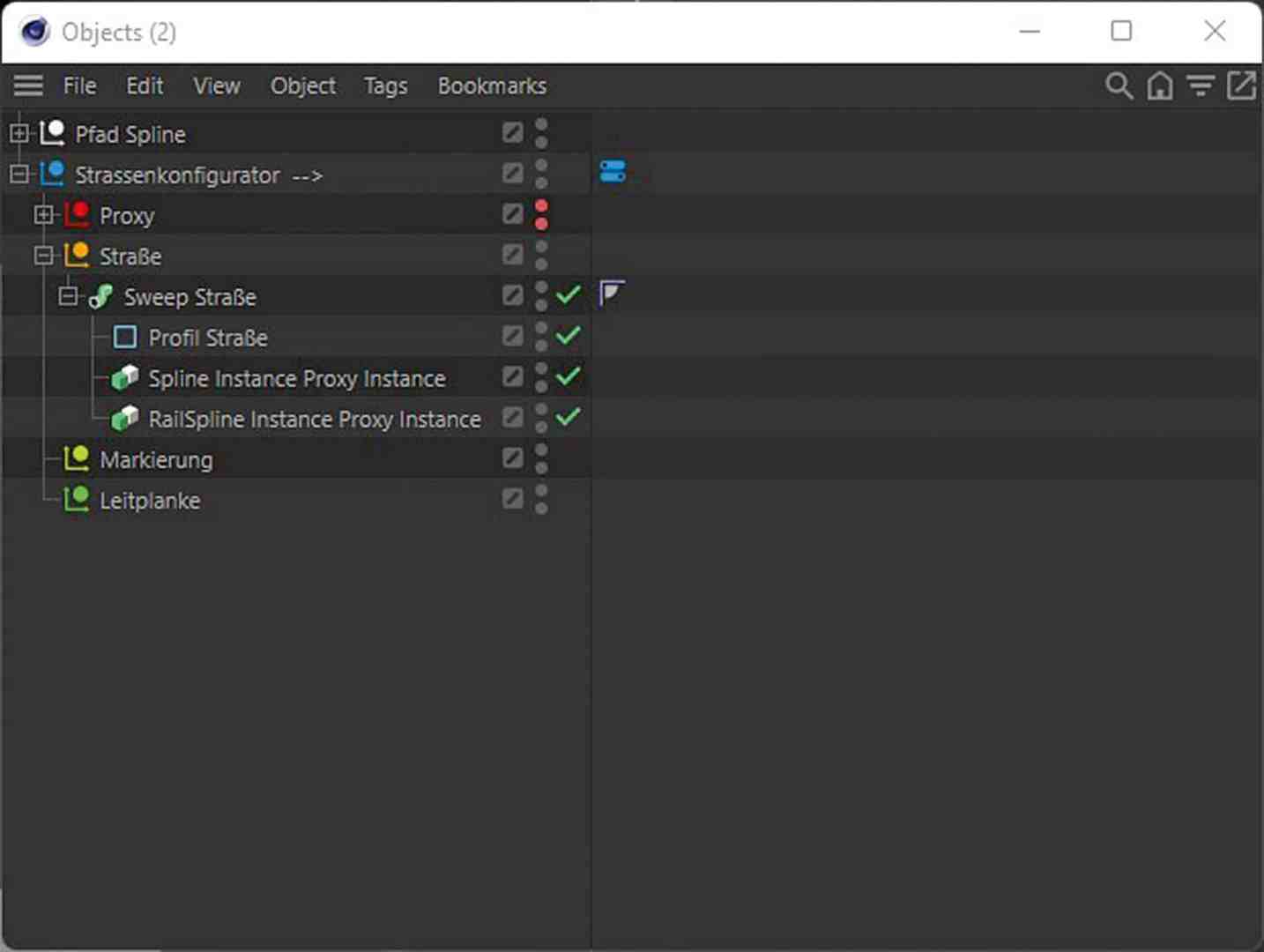 software interface displaying object hierarchy and settings digital production Screenshot der Objekthierarchie in Cinema 4D, die verschiedene Nullobjekte und deren Struktur für eine Straßenkonfigurator-Anwendung zeigt.