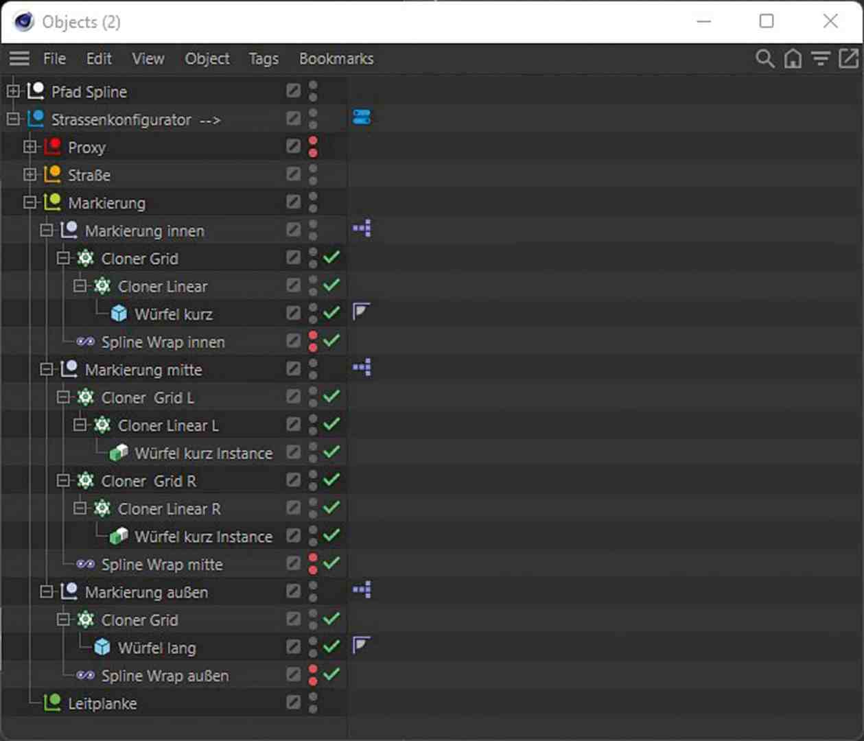 user interface displaying object hierarchy in 3d modeling software digital production Screenshot einer Objekthierarchie in Cinema 4D, die den Aufbau eines Straßenkonfigurators mit verschiedenen Cloner-Objekten und Spline-Wraps zeigt.