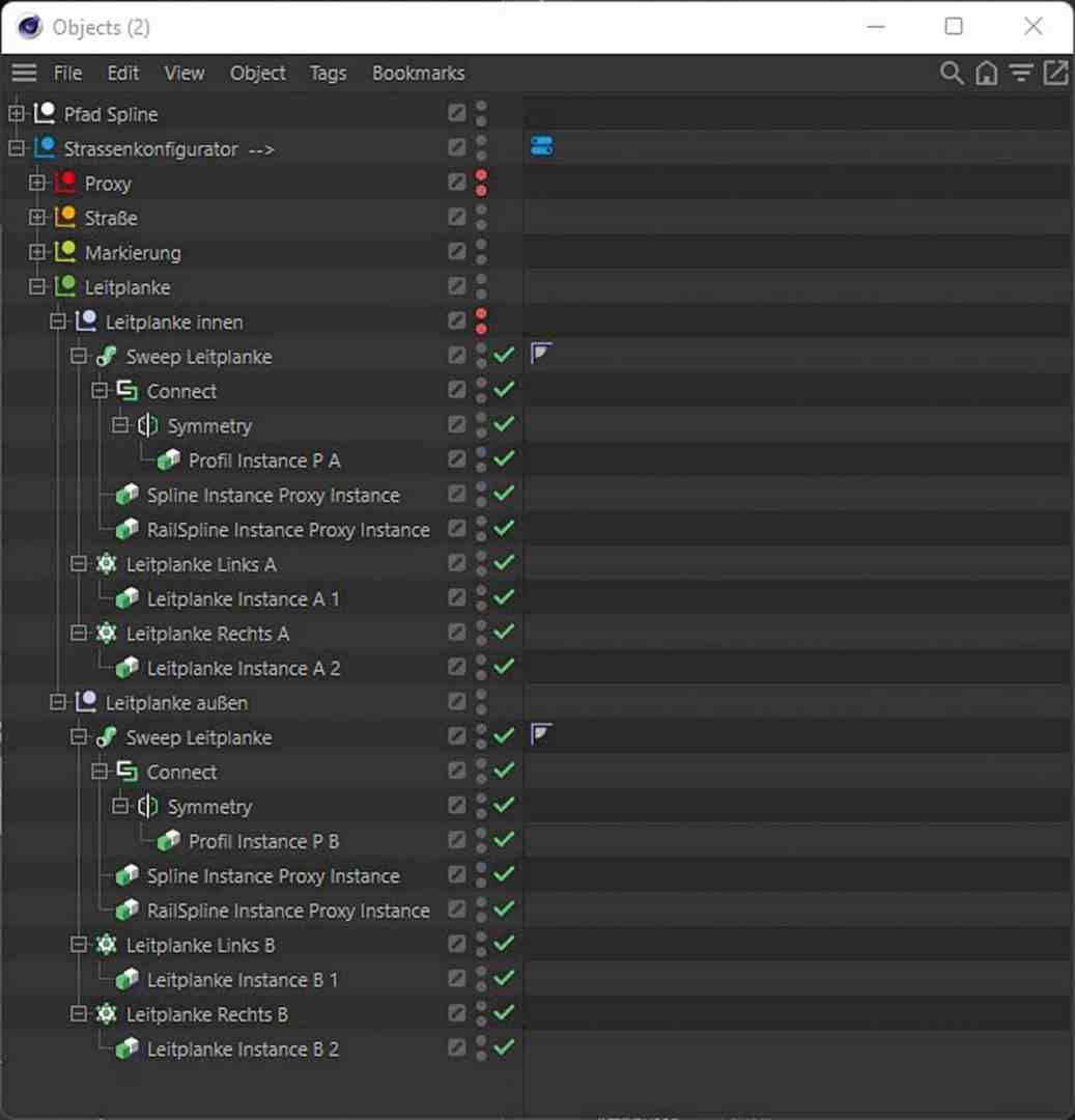 software interface displaying object hierarchy and properties digital production Screenshot der Objekt-Hierarchie in Cinema 4D für einen Straßenkonfigurator mit verschiedenen Nullobjekten und deren Unterstrukturen.