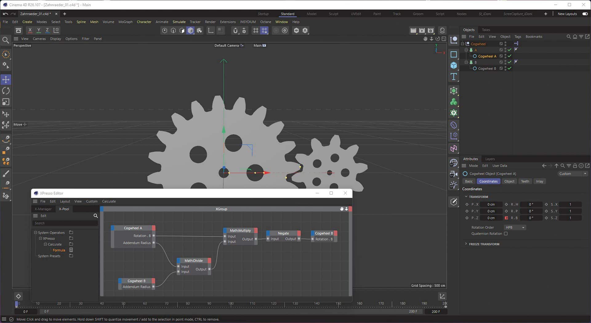 3d modeling software interface with gears and node editor digital production Das Bild zeigt die Benutzeroberfläche des 3D-Programms Cinema 4D mit einem XPresso-Editor, in dem Zahnräder und mathematische Nodes für Animationen und Parameteranpassungen angezeigt werden.