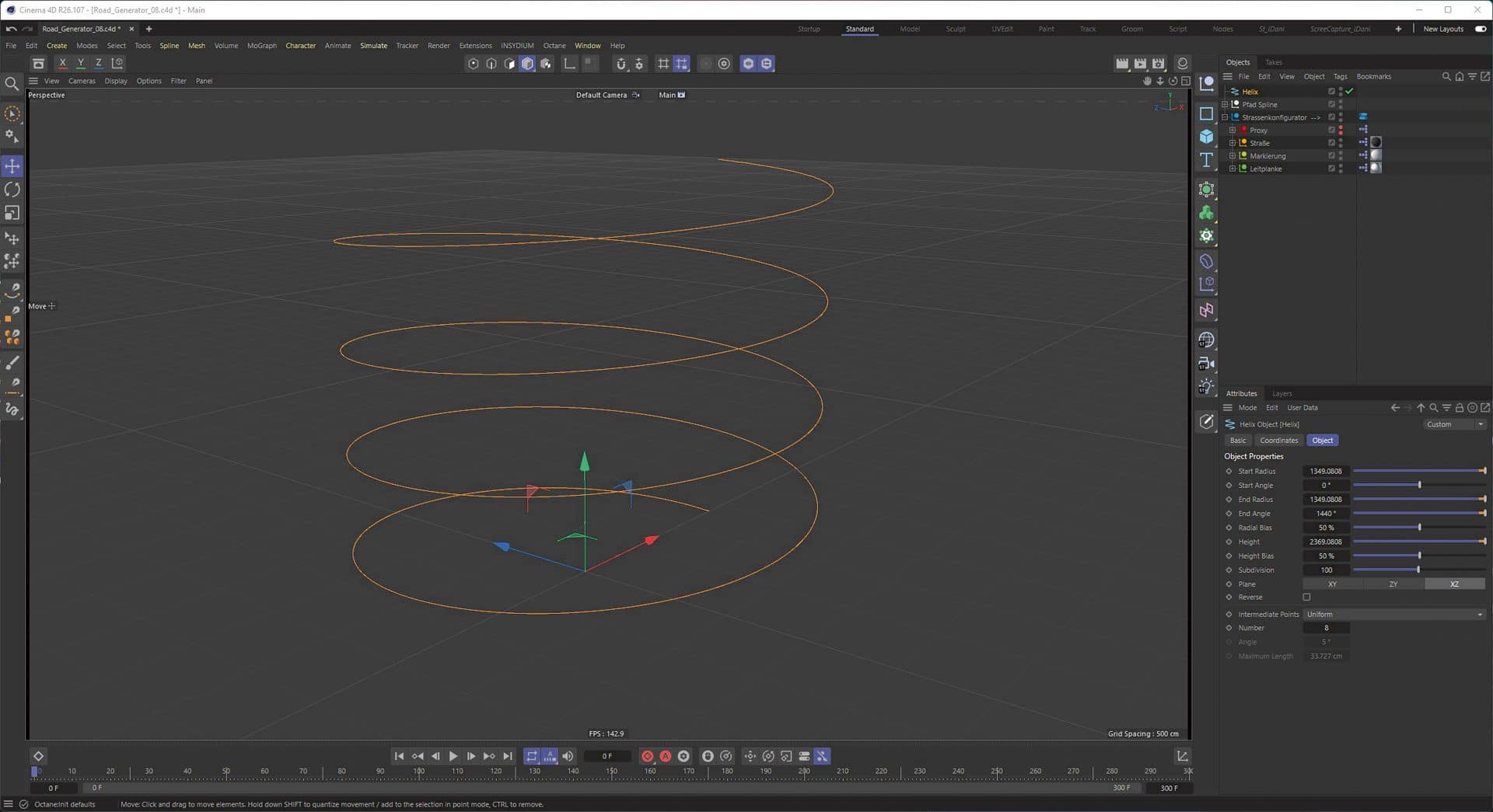 3d spiral design on a software interface digital production 3D-Modell eines helixförmigen Splines in Cinema 4D mit verschiedenen Einstellungen sichtbar.