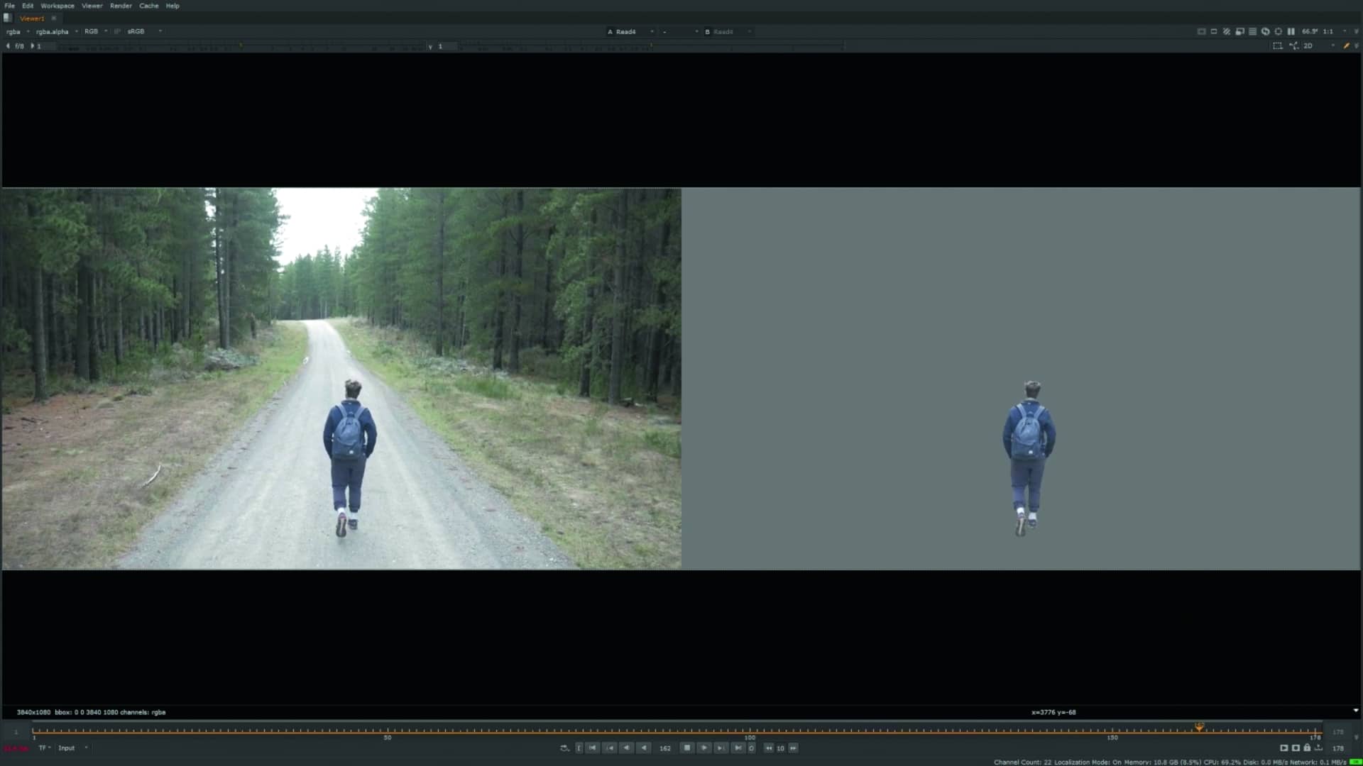 a person walking down a forest path beside a blank screen digital production A person walking down a forest path beside a blank screen