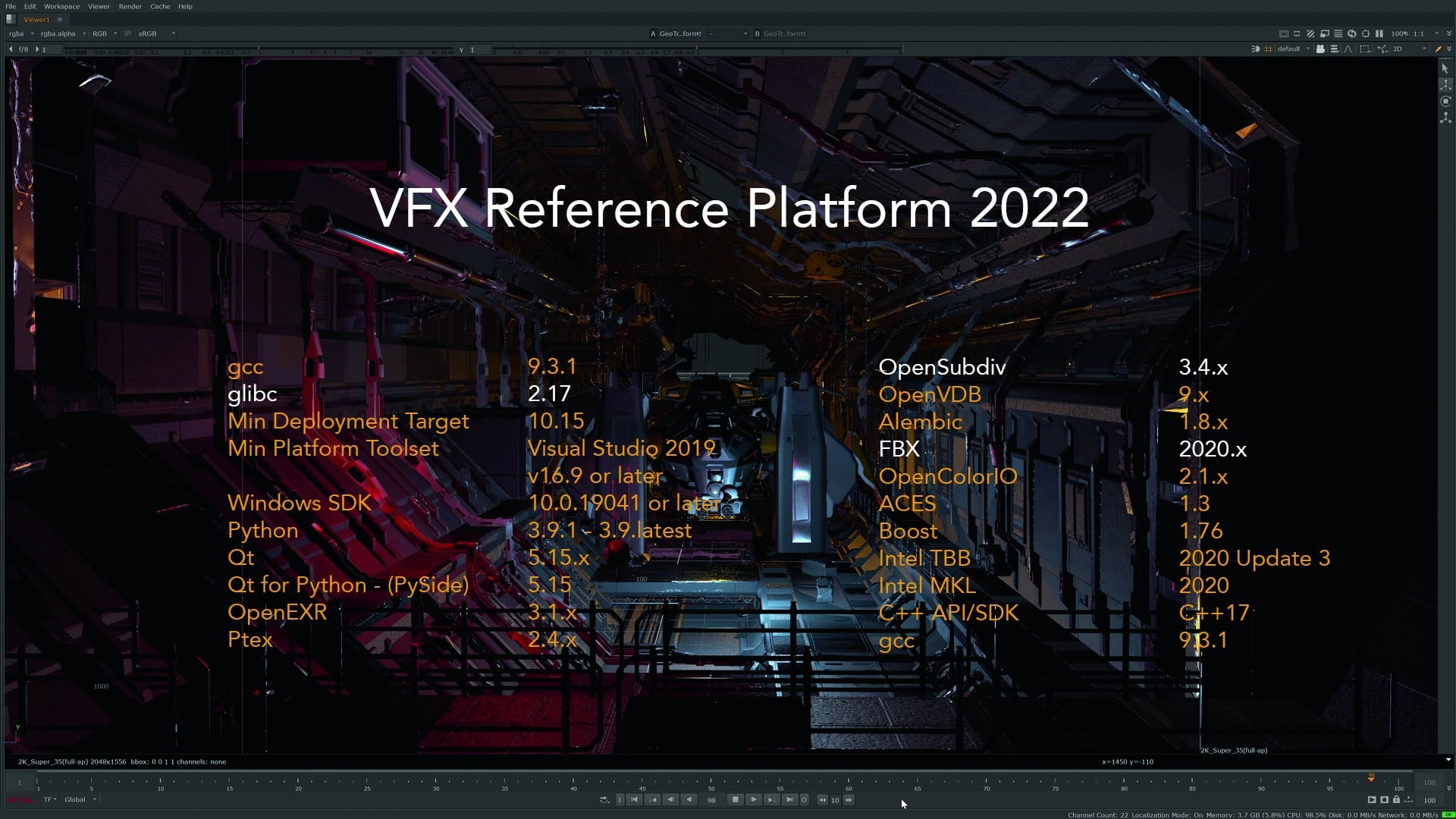 screen displaying vfx reference platform 2022 specifications digital production Screen displaying VFX Reference Platform 2022 specifications.