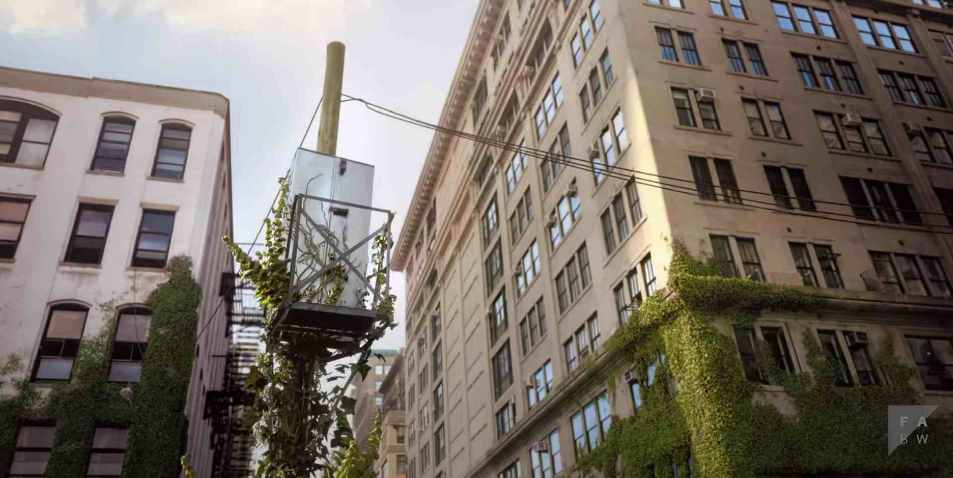 a glass elevator attached to a building with vines digital production A glass elevator attached to a building with vines