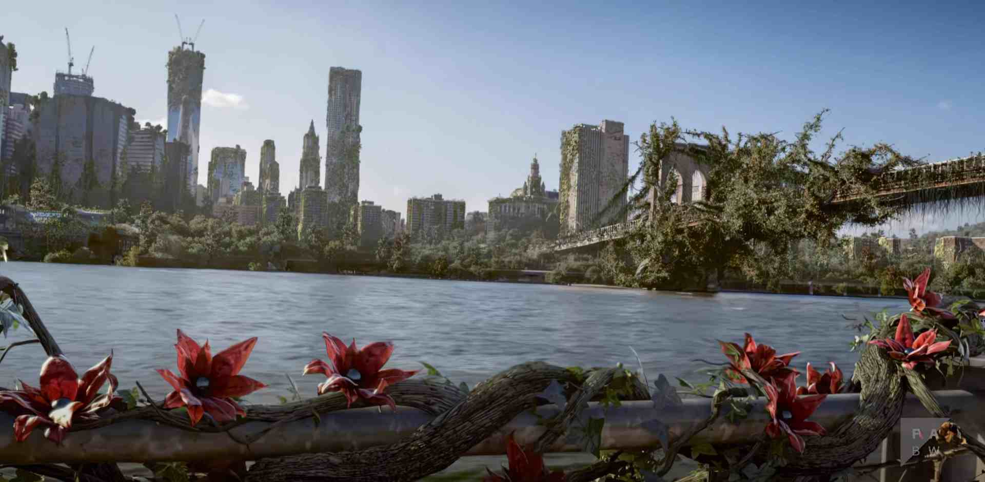 urban landscape overgrown with plants and flowers by a river digital production Urban landscape overgrown with plants and flowers by a river