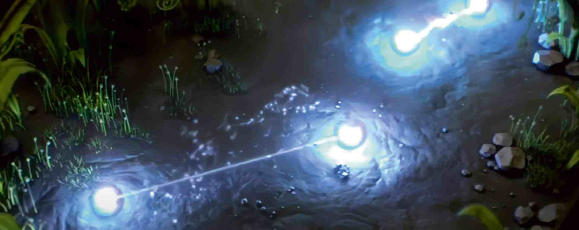 three glowing orbs connected by light in a dark mossy area digital production Three glowing orbs connected by light in a dark, mossy area