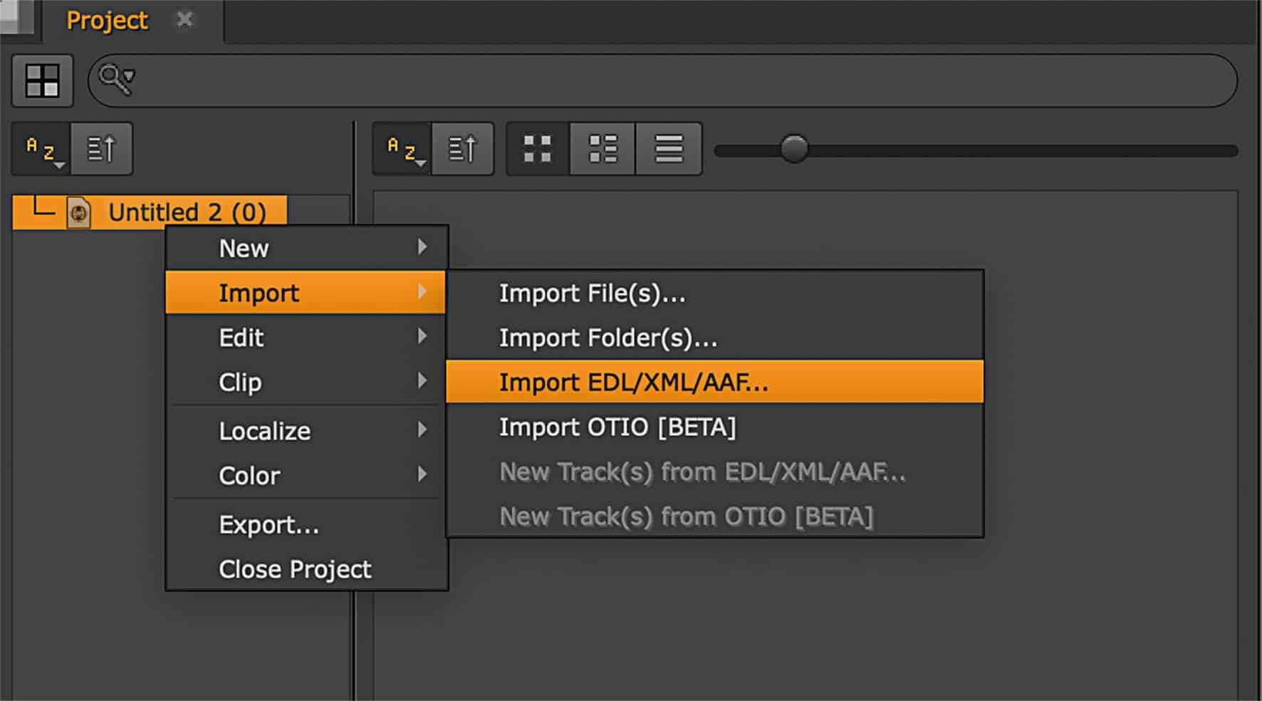 a screenshot of a software interface displaying a project menu with options such as new edit import and export the import submenu is open highlighting the import edlxmlaaf option in orange digital production A screenshot of a software interface displaying a project menu with options such as New, Edit, Import, and Export. The Import submenu is open, highlighting the 'Import EDL/XML/AAF...' option in orange.