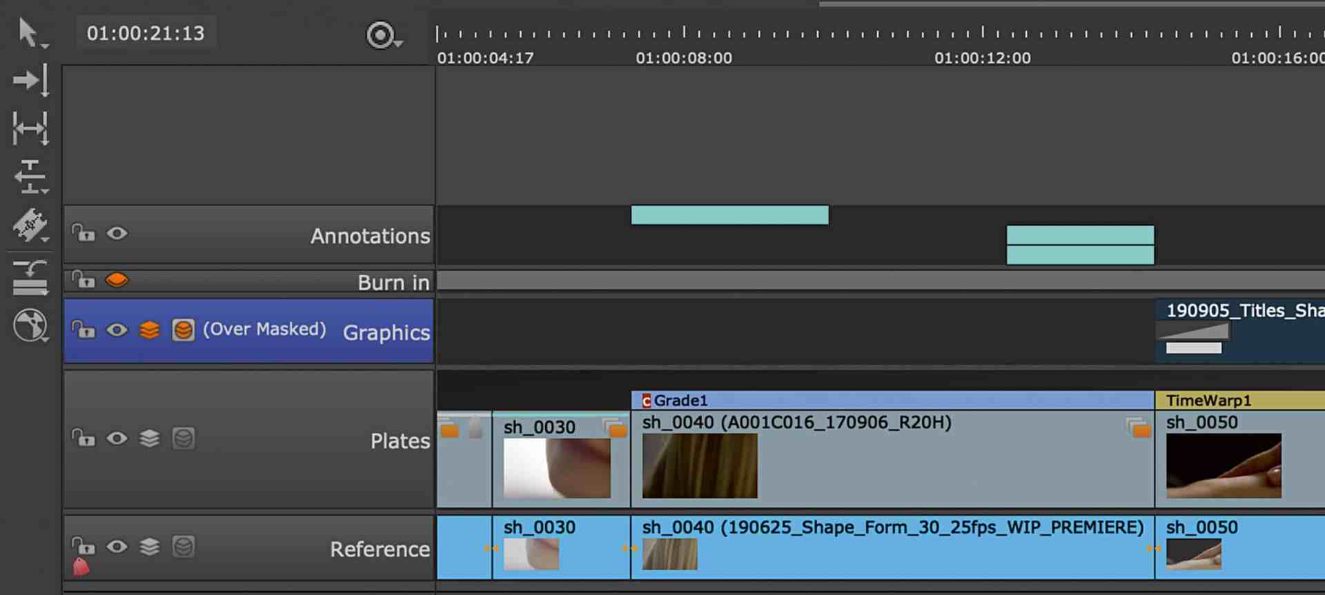 a screenshot of a video editing software interface displaying a timeline with multiple tracks labeled graphics plates and reference the timeline shows segments of clips and markers for annotations digital production A screenshot of a video editing software interface, displaying a timeline with multiple tracks labeled 'Graphics,' 'Plates,' and 'Reference.' The timeline shows segments of clips and markers for annotations.