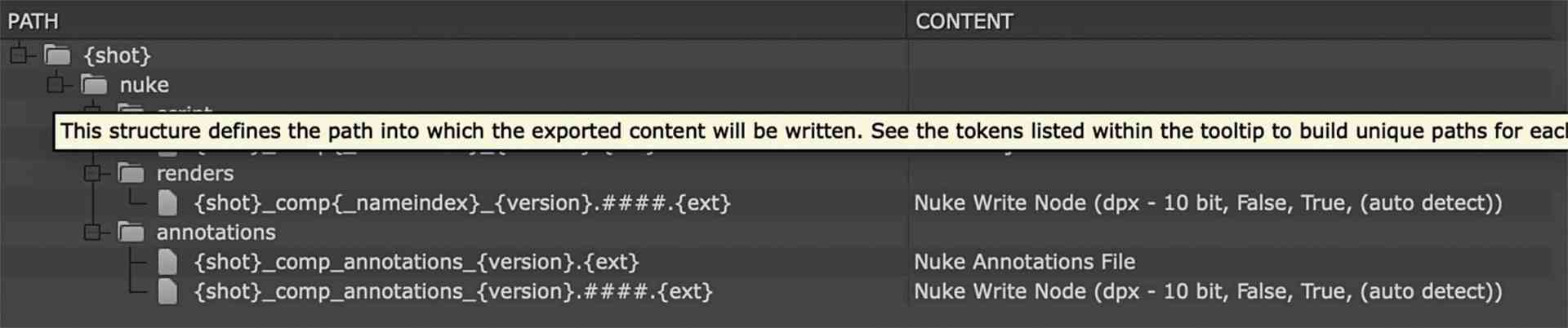 a screenshot displaying a path structure for exported content in a software interface including sections for renders and annotations with specified formats and tokens digital production A screenshot displaying a path structure for exported content in a software interface, including sections for renders and annotations with specified formats and tokens.