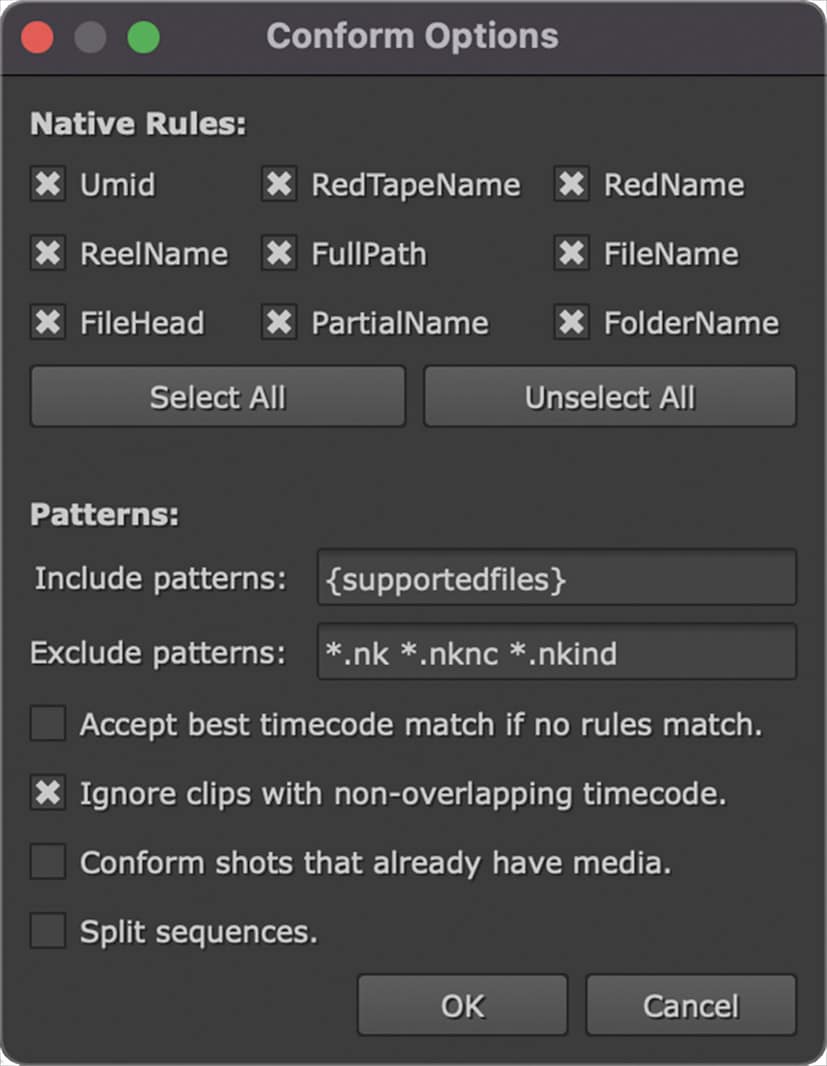 a dialog box titled conform options displaying native rules with checkboxes for various file attributes and sections for including and excluding file patterns options to accept timecode matches and ignore nonoverlapping clips are also present digital production A dialog box titled 'Conform Options' displaying native rules with checkboxes for various file attributes and sections for including and excluding file patterns. Options to accept timecode matches and ignore non-overlapping clips are also present.