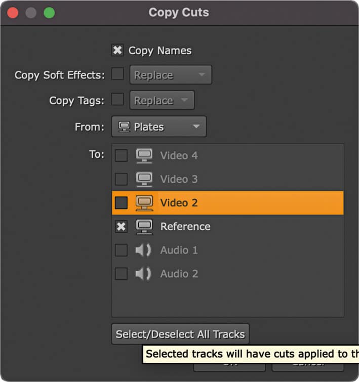 a user interface screen for a copy cuts feature showing options to copy names effects and tags the from section lists plates and the to section highlights video 2 among other video tracks a note at the bottom indicates selected tracks will have cuts applied digital production A user interface screen for a Copy Cuts feature showing options to copy names, effects, and tags. The From section lists "Plates," and the To section highlights "Video 2" among other video tracks. A note at the bottom indicates selected tracks will have cuts applied.