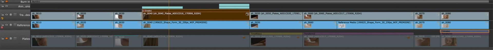 an editing timeline interface displaying multiple clips transitions and audio tracks featuring video thumbnails and markers indicating specific sections in a video editing software digital production An editing timeline interface displaying multiple clips, transitions, and audio tracks, featuring video thumbnails and markers indicating specific sections in a video editing software.