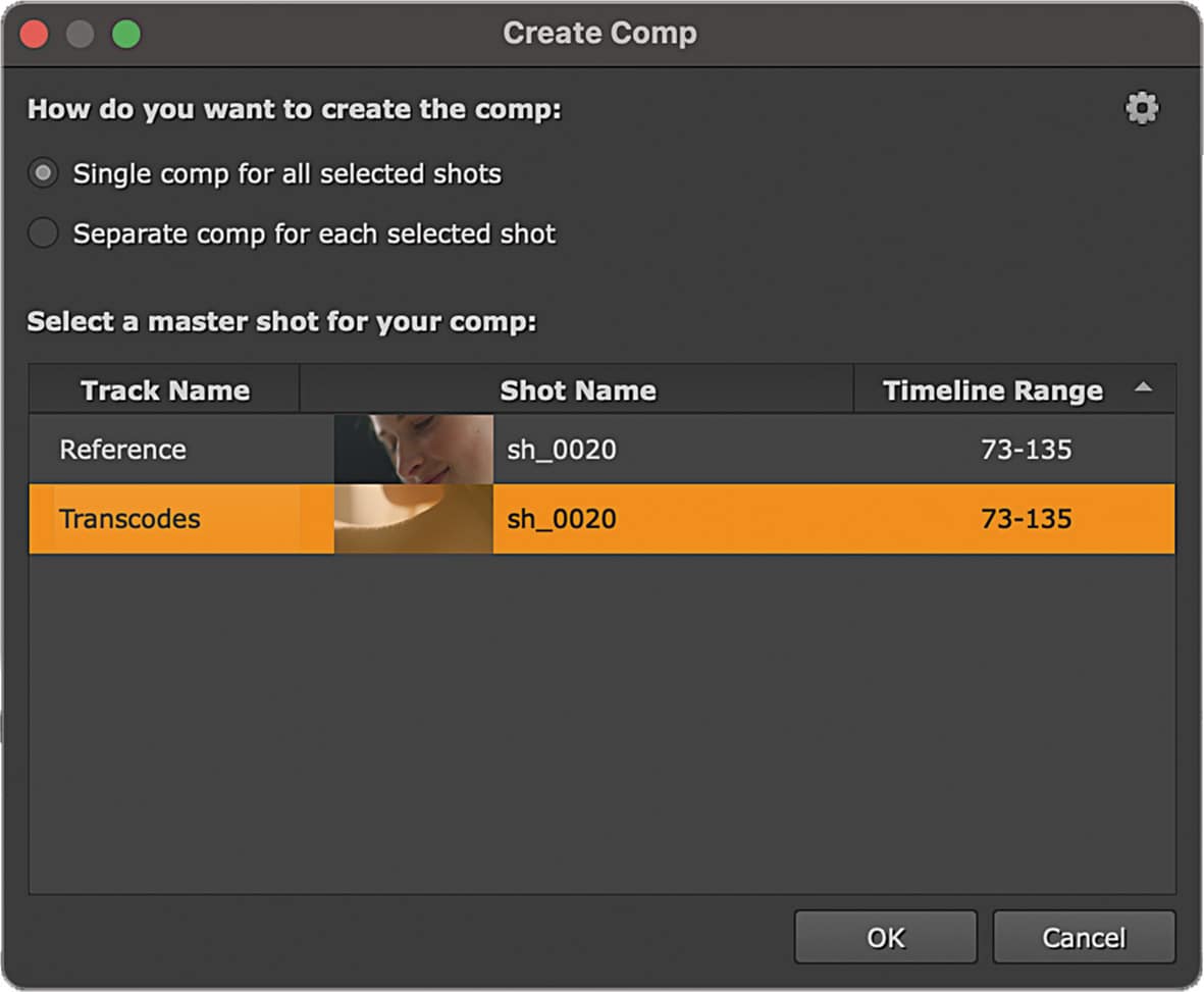 a computer interface displaying a create comp dialog box with options for creating a composition it lists track names shot names and timeline ranges highlighting sh0020 under transcodes digital production A computer interface displaying a 'Create Comp' dialog box with options for creating a composition. It lists track names, shot names, and timeline ranges, highlighting 'sh_0020' under 'Transcodes'.