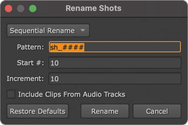 a user interface window titled rename shots displays options for sequential renaming of files fields include pattern start increment and a checkbox for including clips from audio tracks buttons for restore defaults rename and cancel are also visible digital production A user interface window titled 'Rename Shots' displays options for sequential renaming of files. Fields include Pattern, Start #, Increment, and a checkbox for Including Clips From Audio Tracks. Buttons for Restore Defaults, Rename, and Cancel are also visible.